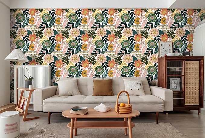 HAOKHOME Peel and Stick Wallpaper Boho Tropical Floral Retro 17.3in x32.8ft | Botanical Banana Leaf Textured Removable Waterproof Renter Friendly Wall Paper White Pink Green Contact Paper for Bathroom - Image 3