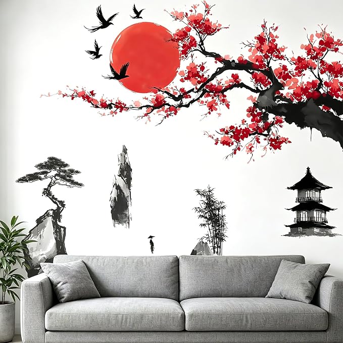 Chinese Landscape Wall Decals Peel and Stick, Large Cherry Blossom Tree Wall Stickers & Murals, Removable Home Decor Art for Bedroom Living Room Classroom Office - Image 5