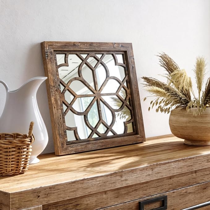 Set of 4 14 Inch Square Redbrown Window Pane Wall Mirrors, Shatterproof Rustic Farmhouse Boho Vintage Decorative Mirrors for Living Room Bedroom Bathroom Entryway - Image 3