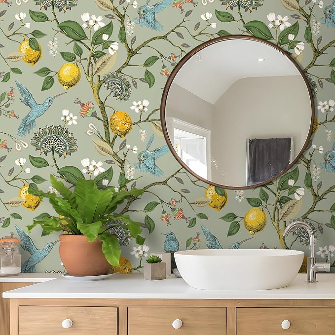 Livelynine 17.5x276" Peel and Stick Wallpaper Boho Green Vintage Floral Wallpaper Pre Pasted Wall Paper Removable Fresh Lemon Tree Teal Blue Bird Green Floral Contact Paper for Walls Kitchen Cabinets - Image 3