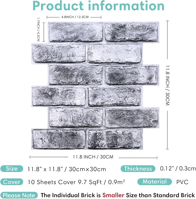 Commomy 3D Wall Panels Peel and Stick Faux Brick 10 Pcs 11.8" x 11.8" | Small Size Thin PVC Brick Wallpaper Tiles Backsplash for Kitchen,Bedroom,Living Room,Quick DIY Wall Decor(Covers 9.7 sq.ft) - Image 4