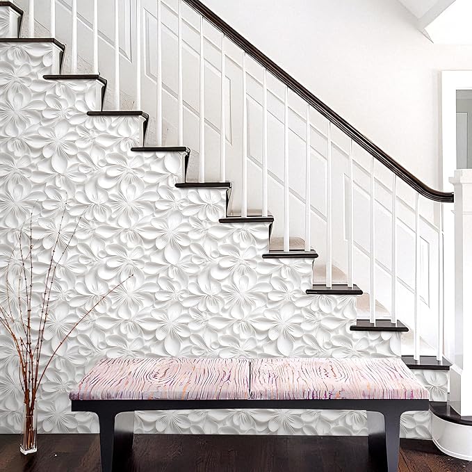 Stickyart 3D White Floral Wallpaper Peel and Stick 3D Flower White Contact Paper Self Adhesive Embossed Pattern Wallpaper Removable Modern Wall Paper for Bedroom Bathroom Walls Cabinets 17.5"x80" - Image 2