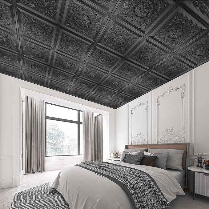 WOWSTAR 12-Pack 24"x24" Drop Ceiling Tiles, Waterproof Glue Up Vintage Style 3D Ceiling Tiles, Black | PVC ceiling panels, 24"x24", waterproof, glue-up install, basement kitchen bathroom, 12-pack - Image 3