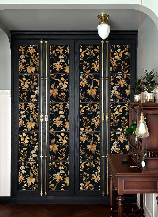 Simon&Siff Vintage Floral Peel and Stick Wallpaper 17.3" x 120" | Black Gold Botanical Contact Paper, Removable Wall Paper, Renter Friendly, for Cabinets, Furniture, DIY Decor - Image 5