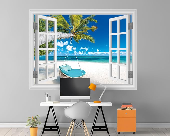 FLFK Fake Window Wall Decal, Tropical Beach Paradise with Turquoise Ocean, White Frame, Peel and Stick, 80 x 60 Inches,for Living Rooms, bedrooms, and Offices - Image 3