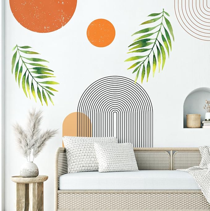 Boho Mid-Century Modern Wall Decals Peel and Stick, Large Archs Sun Vinyl Wall Stickers, Removable Leaves Plants Home Decor Art for Bedroom Living Room Classroom Office - Image 8
