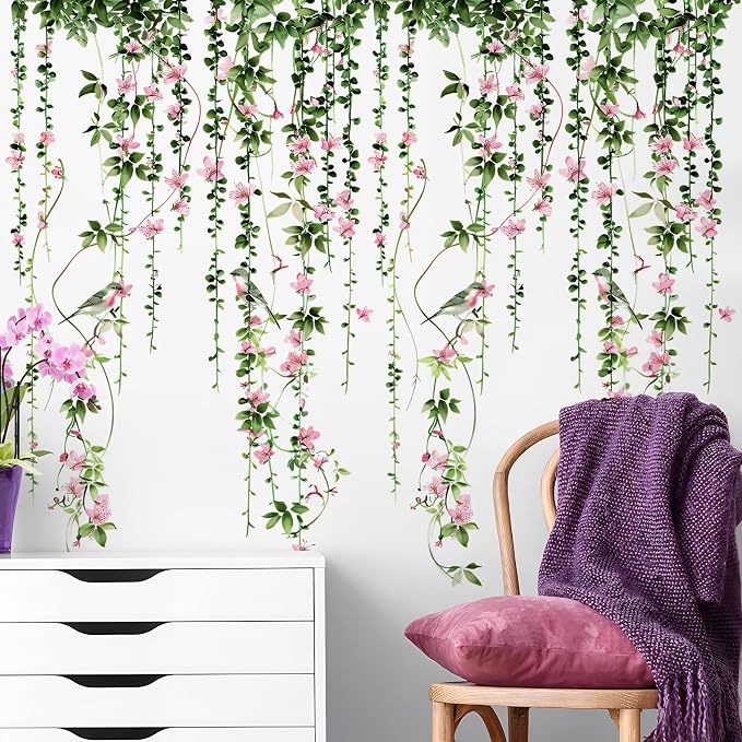 4 Sheets Hanging Vines with Flowers Wall Decals Green Plant Leaves Wall Stickers Pink Cherry Blossom Vine Wall Art Hanging Flower Tree Branches Bird Wall Murals for Kids Bedroom Nursery Decoration 20 - Image 9