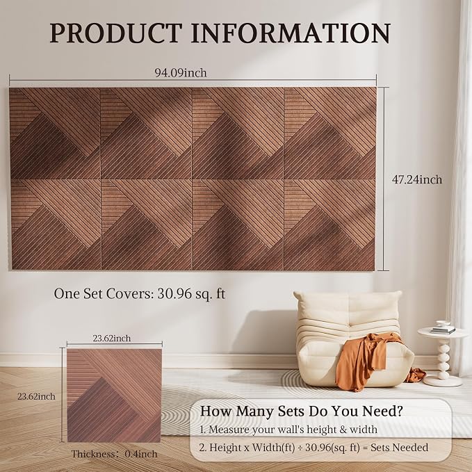 Acoustic Wall Panels, 8 Piece 23.62" X 23.62" Peel and Stick Wall Panels | High-Density Polyester Fiber Self Adhesive Soundproofing for Interior Wall Décor, Tri-Tone Chevron Weave - Image 2