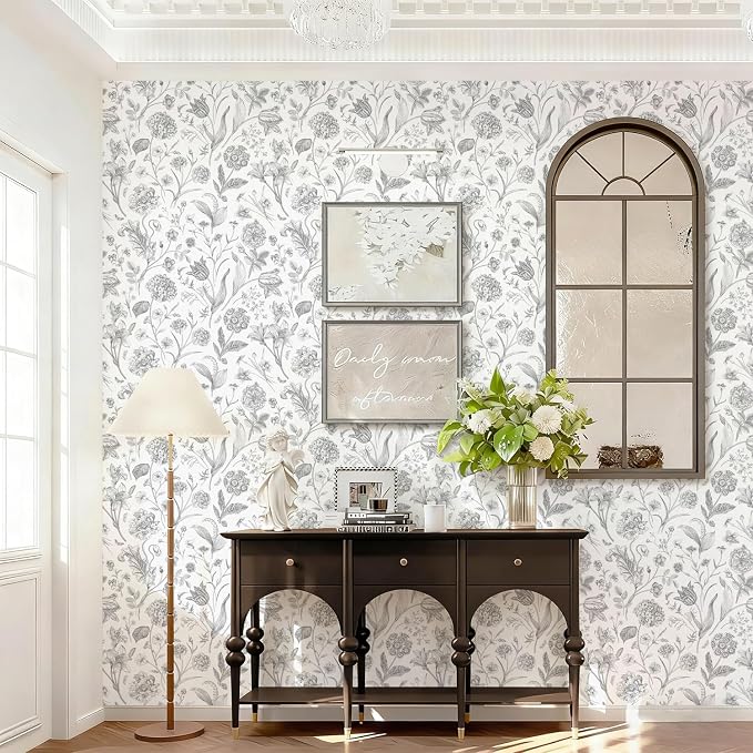 White Grey Vintage Floral Peel and Stick Wallpaper 17in x 197in | Floral Wallpaper Boho Removable Contact Paper Botanical Self Adhesive Decor Flower Wall Paper for Cabinets Bathroom - Image 2