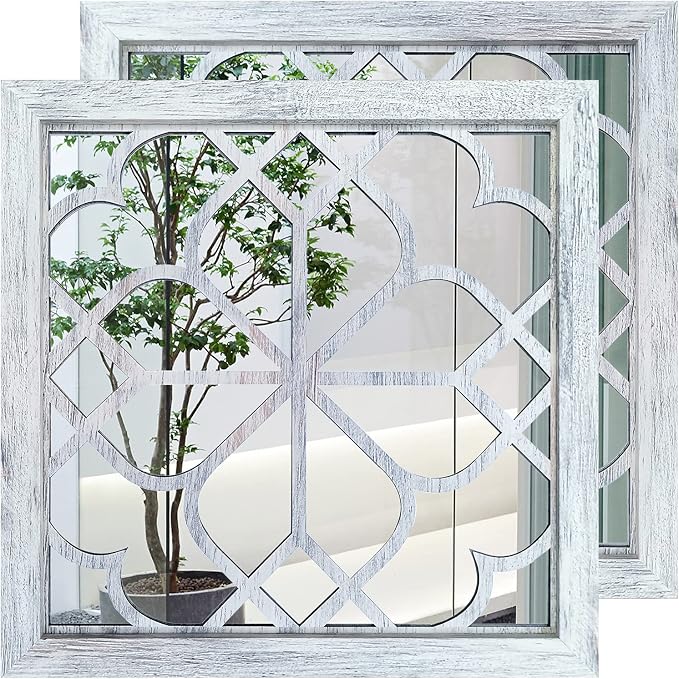 Wocred 2 PCS Square Wall Mirror,Gorgeous Rustic Farmhouse Accent Mirror,Rustic White Color Entry Mirror for Bathroom Renovation,Bedrooms,Living Rooms and More （20”） by Wocred