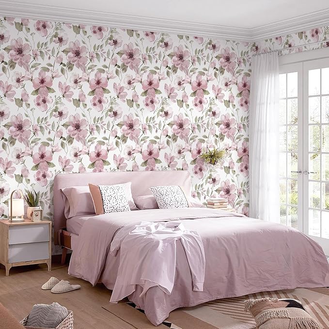 Ismoon 17.3''x78.7''Peel and Stick Wallpaper Boho Floral Contact Paper Pink Watercolor Flowers Leaf Wallpaper Removable Self-Adhesive Wall Paper for Bedroom Renter Friendly Vinyl - Image 8