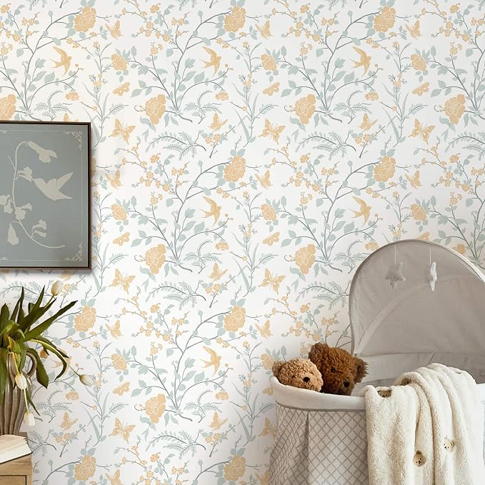 Yellow Wallpaper Floral Peel and Stick Wallpaper Boho Light Blue and Yellow Wall Paper Bird Botanical Contact Paper for Cabinets Renter Friendly Self-Adhesive Bathroom Bedroom 78.7"×17.3" - Image 2