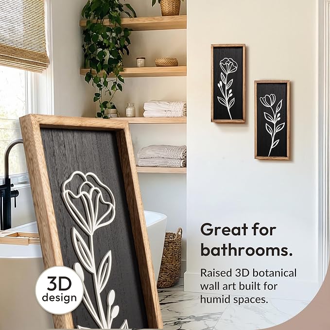 3D Vintage Black Living Room Decor (Set of 2) Lightweight, Wooden Ready-to-Hang Framed Moody Floral Wall Art for Bathroom, Bedroom or Office - Dark Textured Boho Farmhouse Wall Decor - Gift-Boxed - Image 4