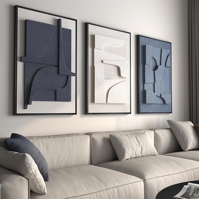 Large Framed Blue Abstract Wall Art for Living Room, Modern 3D Artwork | Solid wood frame, Navy blue and white pictures, Set of 3 piece big 24x36 in, Textured paintings wall decor bedroom office by Cuspin
