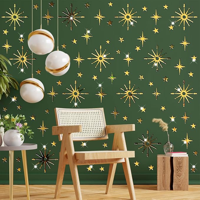 Star Wall Decals MCM Starburst Stickers Golden Mirror Decal Peel and Stick | Celestial decor, sparkle wall stickers, modern mid century decor, removable art mural, for kids bedroom living room farmhouse - Image 8