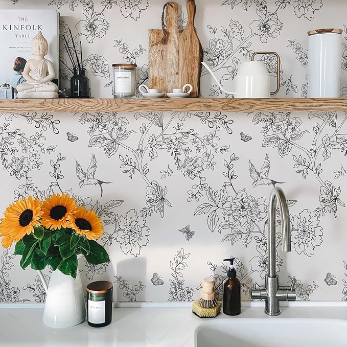 Froluya Black and White Floral Wallpaper Peel and Stick 17.7in×118.1in | Vintage Floral Contact Paper Boho Flowers Birds Removable Self Adhesive Decorative Wallpaper for Bathroom Cabinets - Image 3