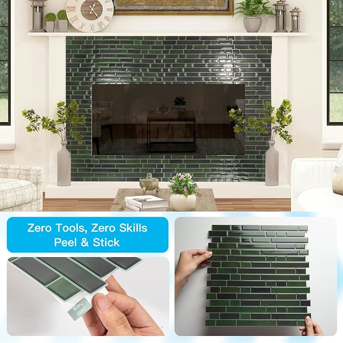 Art3d Linear Design Tile Peel and Stick Backsplash, 10-Sheet, Dark Green | 12 x 12 Inch, Enhanced Thickness, Warp Resistant, Strong Adhesion, Sturdy, for Kitchen, Bedroom, Ideal for Home Improvement - Image 8