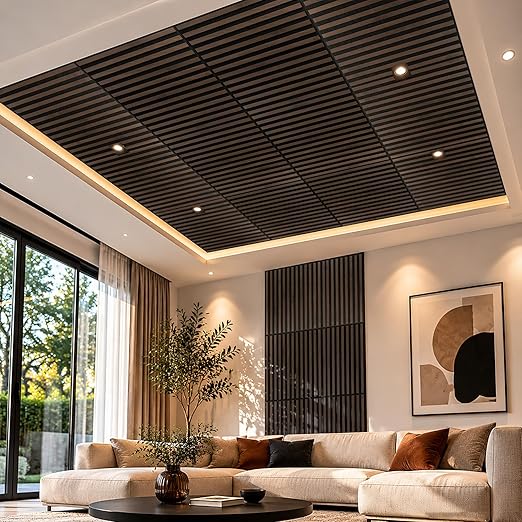 Art3d 6-Pack Acoustic Wood Slat Panel & Ceiling Tile, 2 x 2 ft, Walnut | Crack-Resistant, Scratch-Resistant, Eco-Friendly, Durable, Grid Compatible, Ideal for Living Room, Bedroom & Home DIY Upgrade - Image 2