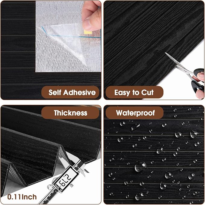 3D Peel and Stick Wall Panels PVC Grille Slat 197"x15.8" Self-Adhesive Wall Sticker Soundproof Paneling for Walls and Ceiling in Faux Black Wood Grain Texture - Image 2