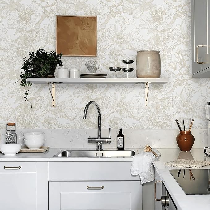 Ismoon Large Floral Peel and Stick Wallpaper Boho Beige/Coffee Contact Paper 17.3inx16.4ft Modern Wall Paper Removable Self Adhesive Bedroom Cabinet Bathroom Waterproof Mural Wall Decor Vinyl Roll - Image 8