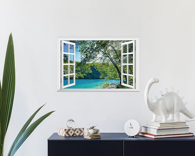 FLFK Fake Window Wall Sticker - Lakes in The Jungle Faux Window Wall Mural for Wall Decor, Stick and Peel Wall Decals,24"x16" - Image 4