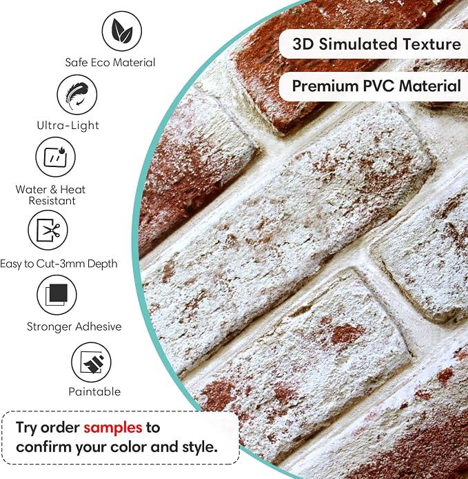 Commomy Faux Brick 3D Wall Panels Peel and Stick 12 pcs of 22.8" x 11.8" | Thin & UrltraLight PVC Printable Red Brick Wall Panels for Bedroom,Living Room,TV Background (Covers 22.48 sq.ft) - Image 3