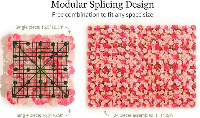 Flower Wall Backdrop 12 Panels 16.5x16.5 Inch Dark & Light Pink | 3D design, realistic look, Seamless Design,eco-friendly,easy to assemble,reusable,.Suitable for weddings,Party,home décor - Image 8