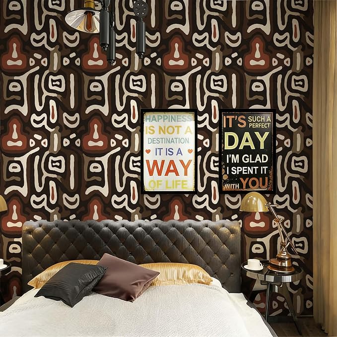 African Boho Abstract Geometric Tribal Swirl Peel and Stick Wallpaper Self Adhesive 17.72" x 119.12'' Brown Curved Line Wall Paper Renter Friendly Removable Waterproof for Living Room Bedroom - Image 3