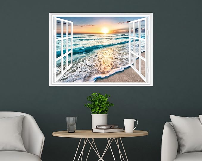 FLFK Fake Window Wall Sticker - Sunset Beach Faux Window Wall Mural for Wall Decor, Stick and Peel Wall Decals,48"x32",Set of 2 Sheets - Image 3
