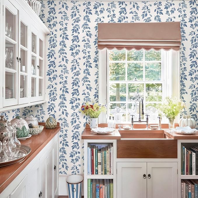 Ismoon Blue Wallpaper Peel and Stick Vintage Wallpaper 17.3in x 16.4ft Blue Leaf Contact Paper Vintage Cottage Wall Paper for Bedroom Bathroom Kitchen Nursery Removable Vinyl - Image 4