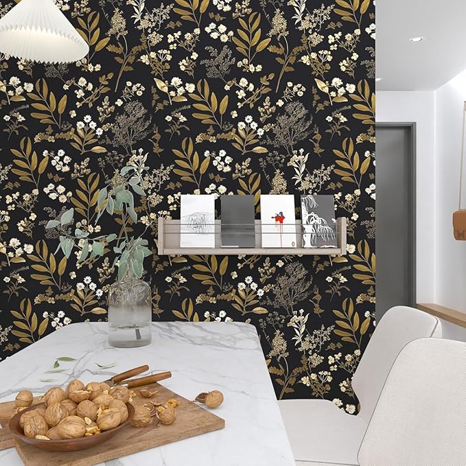 Laatse Vintage Floral Peel and Stick Wallpaper 17.5"x 393", Gold Black | Self Adhesive/Removable/Waterproof/Thick Vinyl Contact Paper for Bathroom Bedroom Shelf Cabinet Drawer,Prepasted,Easy Peel - Image 6