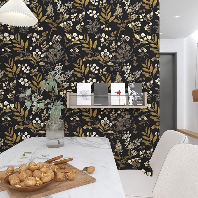 Laatse Vintage Floral Peel and Stick Wallpaper 17.5'' x 78.7'', Black Gold | Self Adhesive/Removable/Waterproof/Thick Vinyl Contact Paper for Bathroom Bedroom Shelf Cabinet Drawer,Prepasted,Easy Peel - Image 6