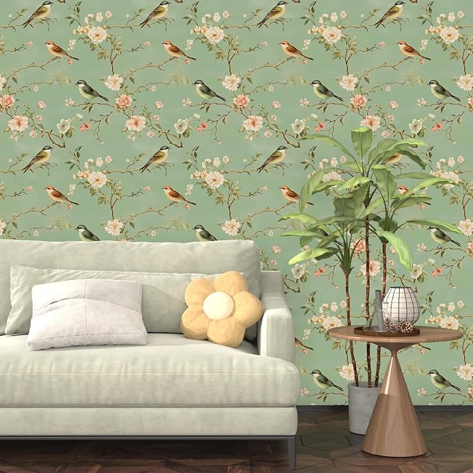 Laatse Vintage Floral Bird Wallpaper Peel and Stick 17.5" × 118", Green | Self Adhesive/Removable/Waterproof/Thick Vinyl Contact Paper for Bathroom Bedroom Shelf Cabinet Drawer,Prepasted,Easy Peel - Image 2