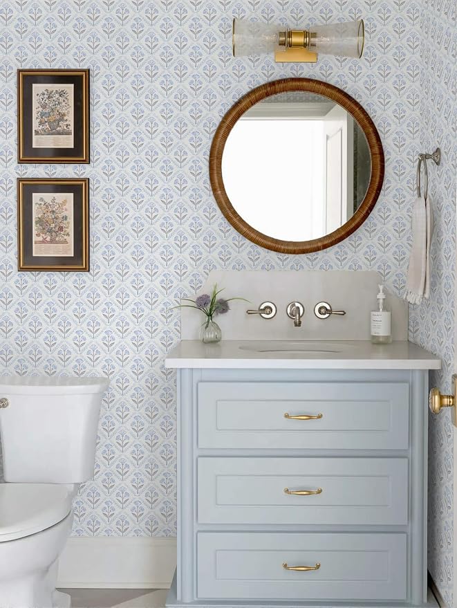 Dimoon Blue Peel and Stick Wallpaper Retro Floral Contact Paper Vintage Boho Cute Wallpaper Renter Friendly Removable Geometric Wall Paper for Bathroom Kitchen Textured Vinyl 17.3''x78.7'' - Image 2