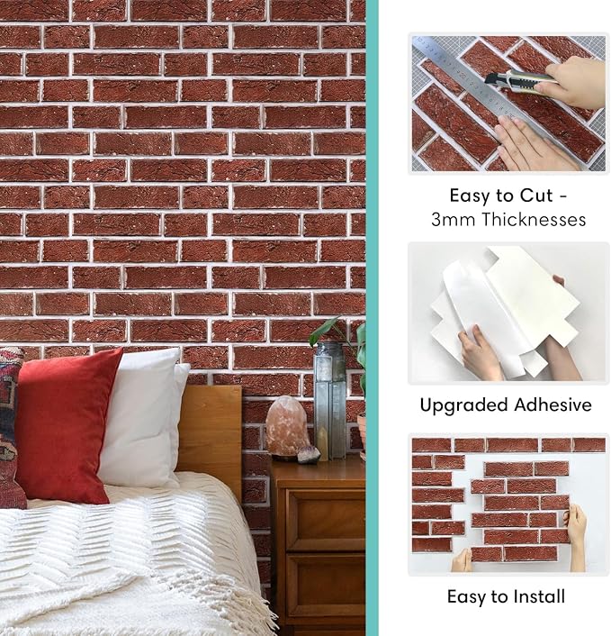 Commomy Faux Brick Panels Peel and Stick Wall Stickers 10 Pcs 11.8" x 11.8" | Small Size Thin PVC Red Fake 3D Brick Wallpaper for Kitchen,Fireplace,Home Office,Wall Covering Decor(Covers 9.7 sq.ft) - Image 6