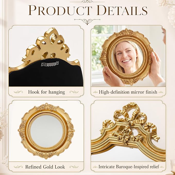 Kathfly 6 Pack Vintage Gold Mirror for Wall Gold Antique Wall Hanging Mirrors for Bedroom Decorative Resin Frame Baroque Style Assorted Sizes Tabletop Tray for Gallery Home Living Room Decor (Round) - Image 7