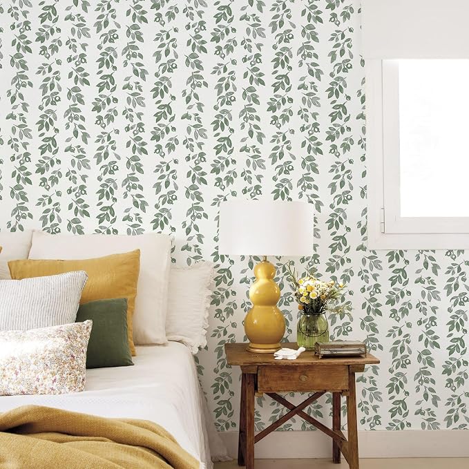 Ismoon Green Wallpaper Peel and Stick Vintage Wallpaper 17.3in x 32.8ft Green Leaf Contact Paper Vintage Cottage Wall Paper for Bedroom Bathroom Kitchen Nursery Removable Vinyl - Image 2