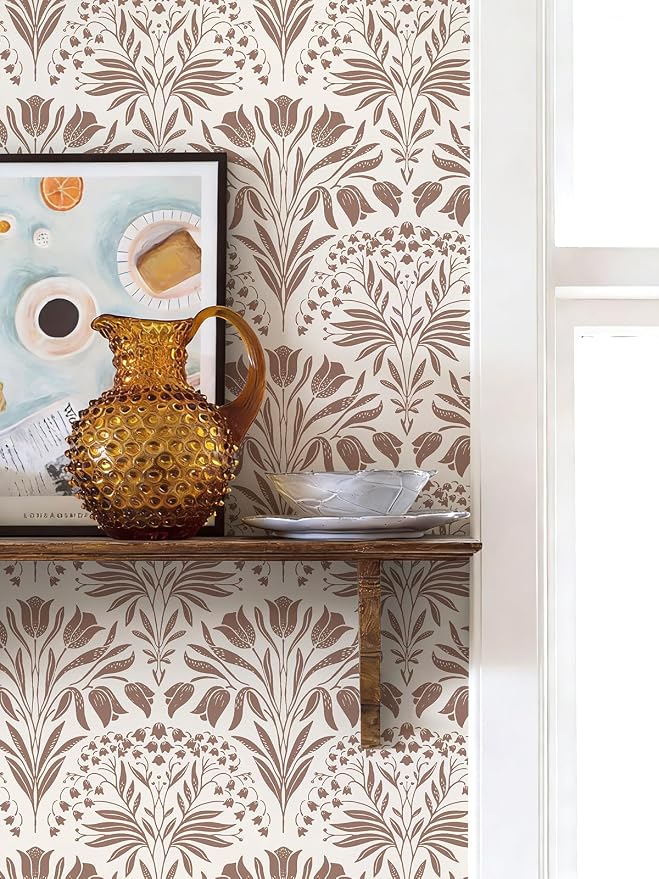 Vintage Tulip Floral Peel and Stick Wallpaper Retro Red Contact Paper | 17.3in X 118in Tulip Flowers Self Adhesive Wallpaper Boho Botanical Removable Wallpaper for Bedroom Cabinet Decor Vinyl - Image 6