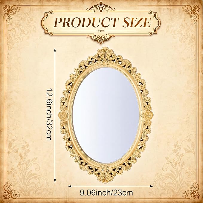 Beeveer 1 Style Vintage Mirrors Set Decorative Oval Wall Mirror Small Antique Mirrored Tray Decorative Hanging Mirror for Bathroom Bedroom Jewelry Organizer Victorian Decor (Oval,Gold) - Image 2