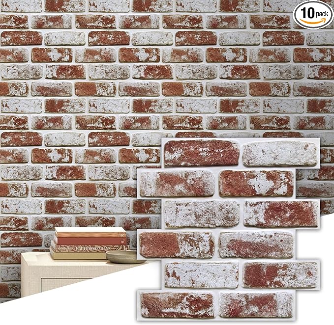 Commomy Faux Brick Peel and Stick Thin PVC 10 Pcs 11.8" x 11.8",Red | Small Size Thin PVC Quick Wall Covering Home Decor for Kitchen,Fireplace,Home Office (Covers 9.7 sq.ft) by CommomyDecor