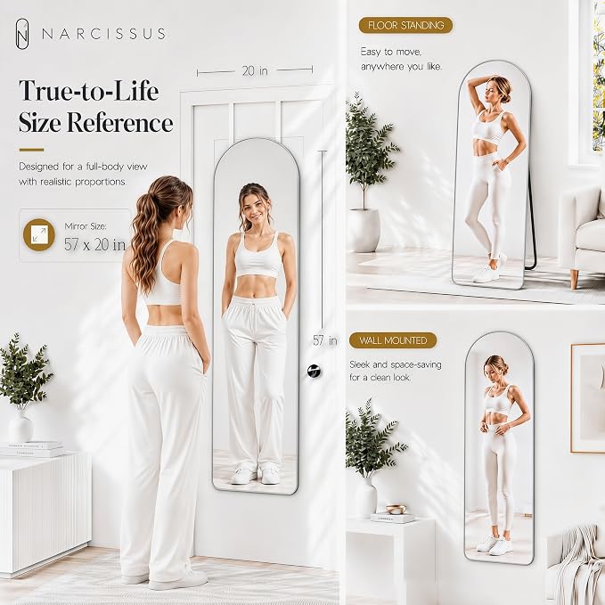 NARCISSUS Full Length Mirror 57x20 Inch, Over The Door Mirror with Stand, Wall Mounted or Freestanding/Door Hanging Full Body, Aluminum Alloy Frame, Silver - Image 3