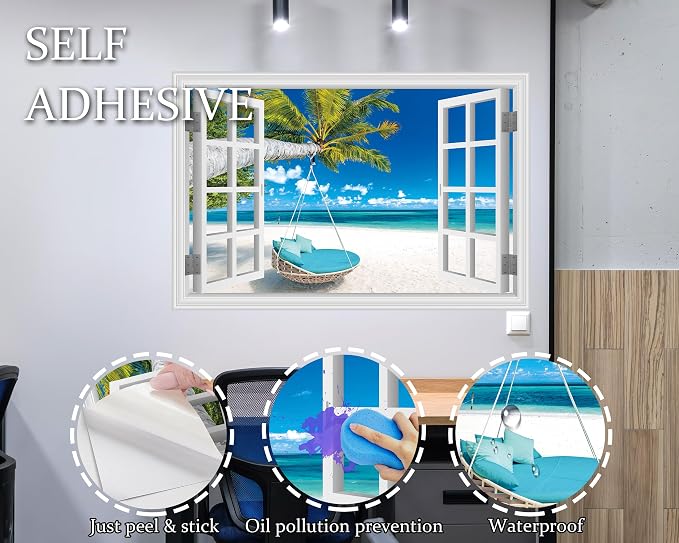 FLFK Fake Window Wall Decal, Tropical Beach Paradise with Turquoise Ocean, White Frame, Peel and Stick, 48 x 32 Inches,for Living Rooms, bedrooms, and Offices - Image 7