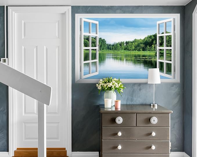 FLFK Fake Window Wall Sticker, Lake Forest Nature View Peel and Stick Mural, White Frame, Self-Adhesive Removable Decal, 48 x 32 Inches, Easy Peel and Stick, for Home, Office, Bedroom Decor - Image 5