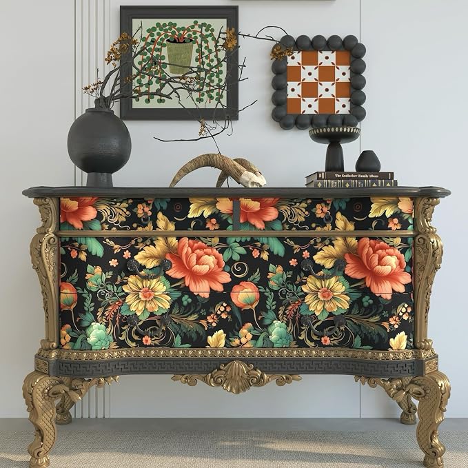BOKEBEVE Floral Wallpaper Peel and Stick Vintage Black Orange 17.5 x 118In | Removable Self Adhesive Renter Friendly Boho Leaf Wall Paper for Bedroom Bathroom Living Room Feature Accent Wall - Image 7