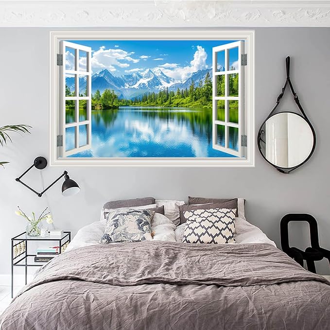 Fake Window Wall Decal Snow Mountain Lake Forest Wall Sticker Faux Window Poster Picture Open Wall Art Decor, Stick and Peel Landscape Natural Scenery Canvas Scene Mural,16"x24" - Image 7