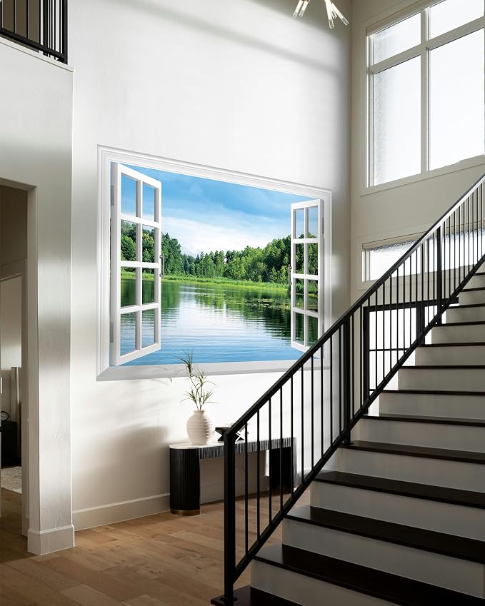 FLFK Fake Window Wall Sticker, Lake Forest Nature View Peel and Stick Mural, White Frame, Self-Adhesive Removable Decal, 80 x 60 Inches, Easy Peel and Stick, for Home, Office, Bedroom Decor - Image 6