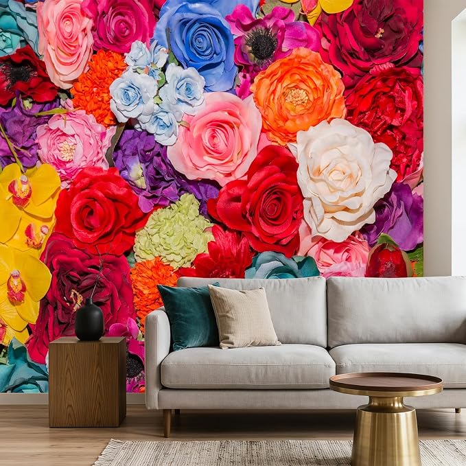Floral Peel and Stick Wallpaper Multicolor Red Rose Wall Mural | 173"x108", Self Adhesive Canvas, for Bedroom Living Room Bathroom, Seamless, No overlapping by LOOWAP