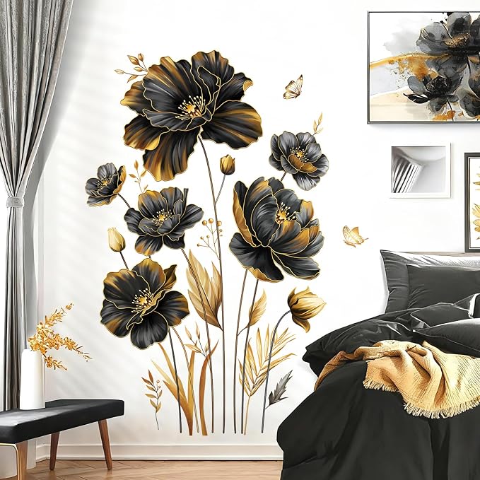 decalmile Black Gold Flower Leaves Plants Floral Wall Decals Stickers - Image 3