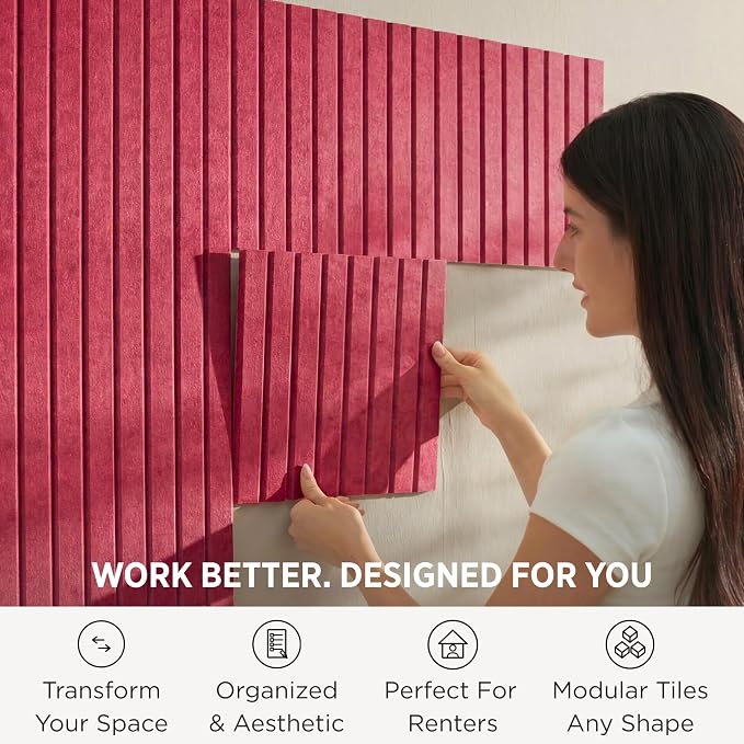 VIVELDA Felt Bulletin Board Tiles 48"x36" - 12-Pack Cork Board Alternative, Oeko-TEX Certified, NRC 0.95 Acoustic Wall Panels, Damage-Free Adhesive, Slatted Design, Home Office & Classroom (Burgundy) - Image 2