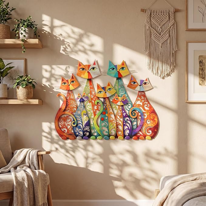 Wesiti Cat Wall Art Metal Sculpture 13.78x10.71 Colorful Mid Century | Iron Decor for Cat Lover, Retro Geometric Design, Home Living Room Bedroom Kitchen Office Sculpture, Ethereal Style - Image 4